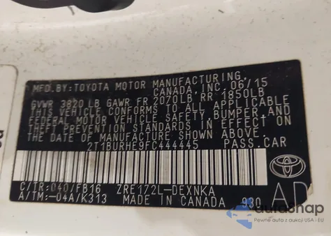 2015 Toyota Corolla Le z USA, uszkodzony, nr VIN 2T1BURHE9FC444445